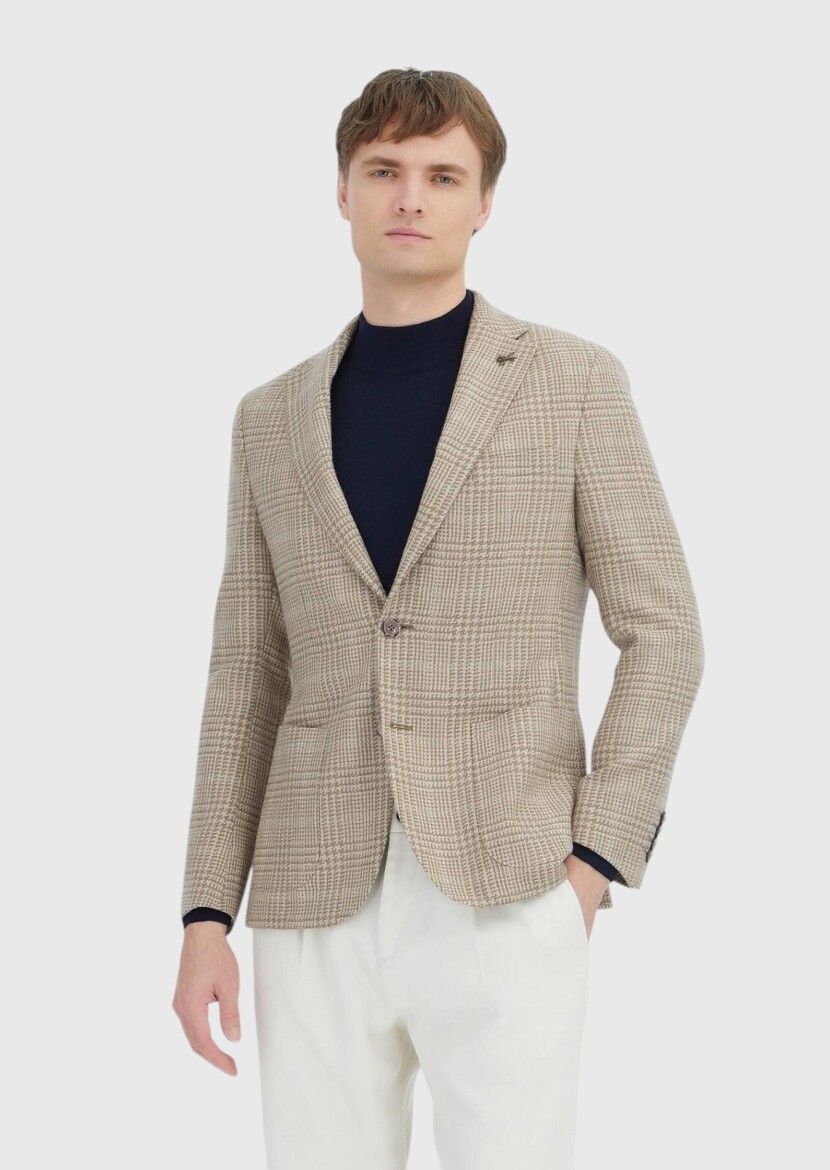 Beige Checkered Shirt Shoulder Slim Fit Wool Blended Jacket - RAMSEY