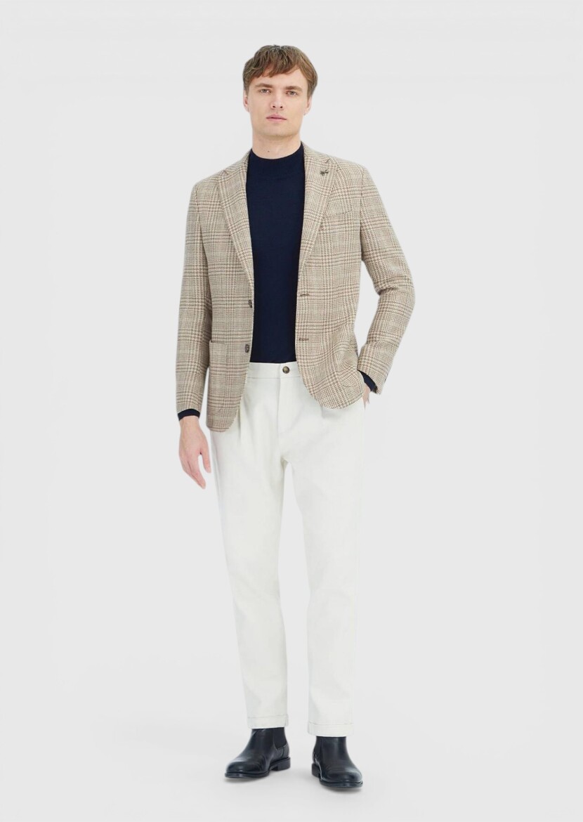 Beige Checkered Shirt Shoulder Slim Fit Wool Blended Jacket - RAMSEY