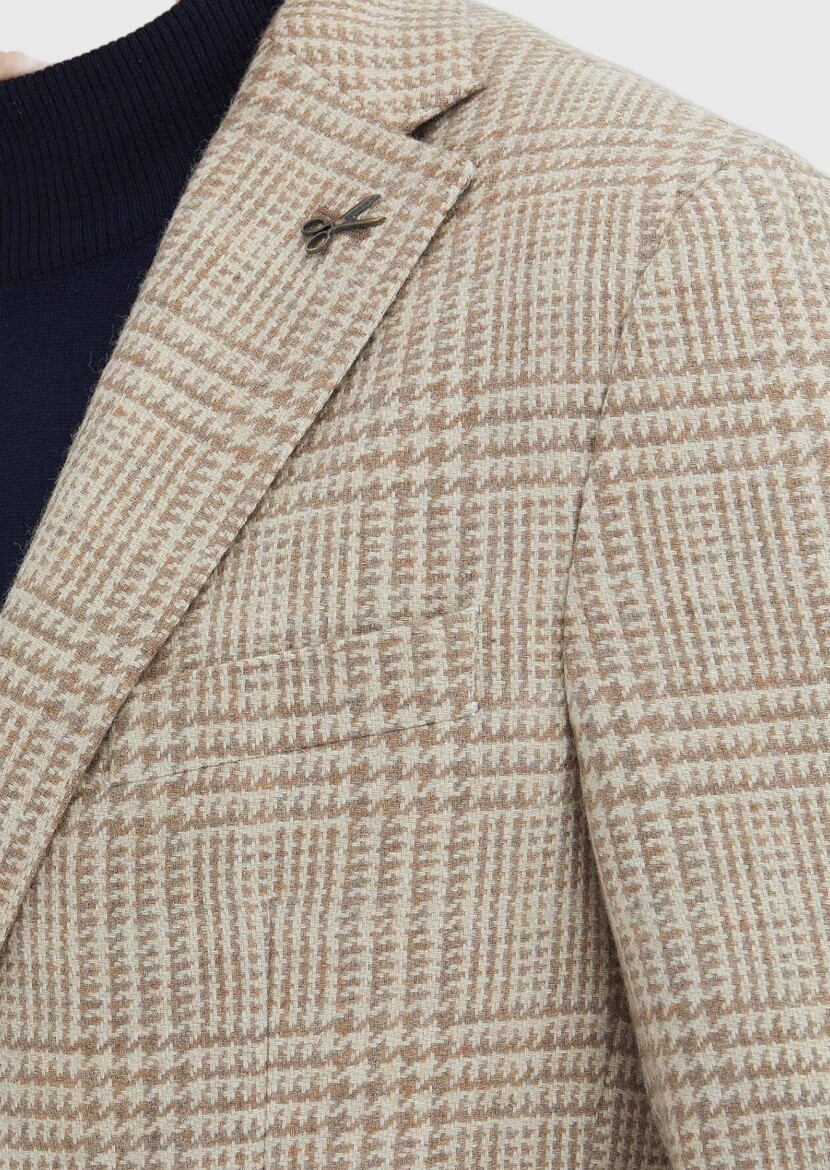 Beige Checkered Shirt Shoulder Slim Fit Wool Blended Jacket - 3