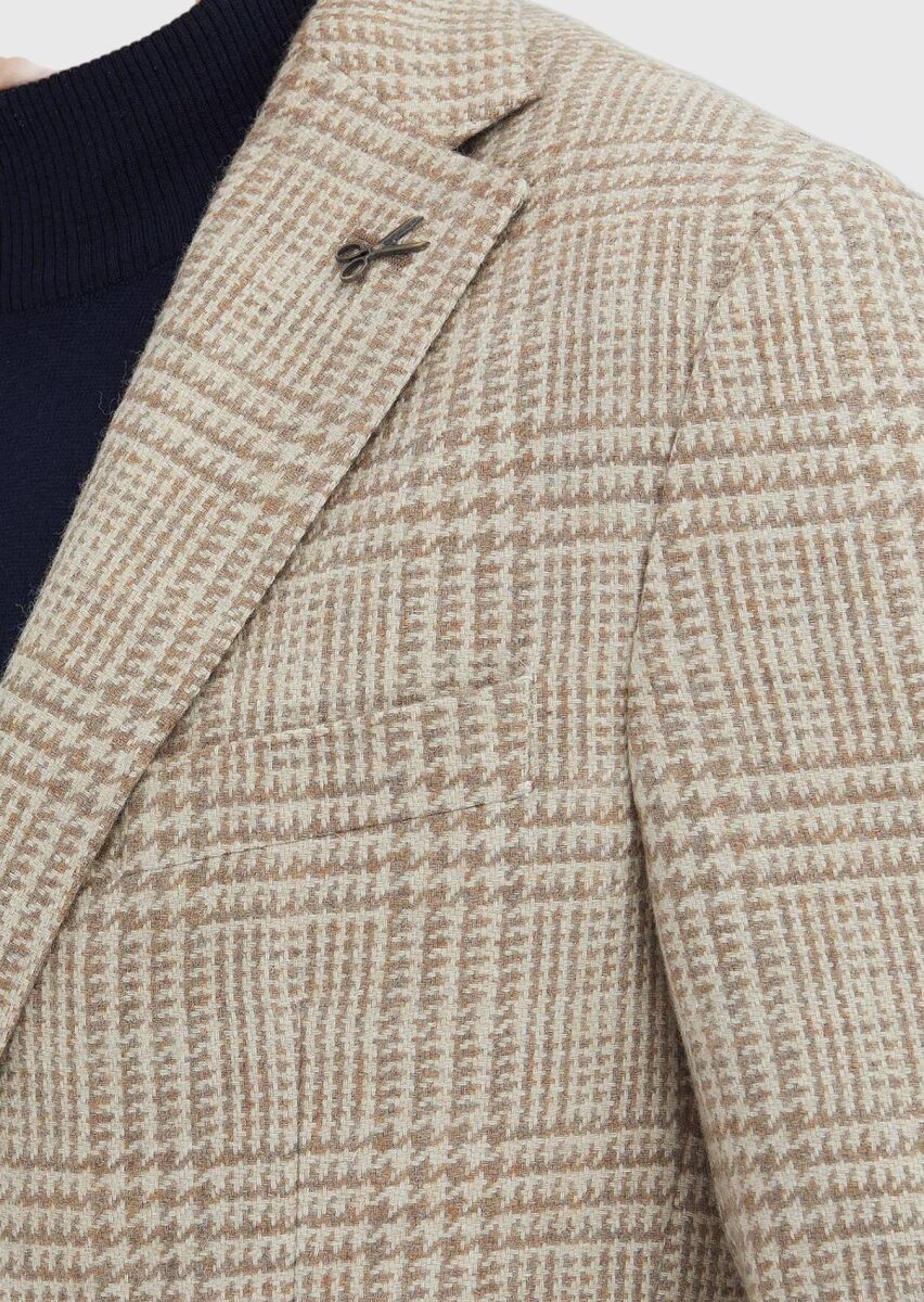 Beige Checkered Shirt Shoulder Slim Fit Wool Blended Jacket - 3