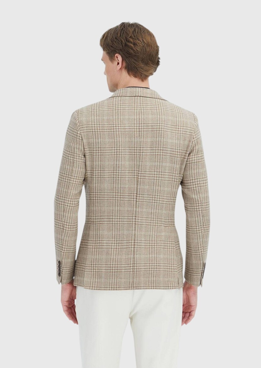 Beige Checkered Shirt Shoulder Slim Fit Wool Blended Jacket - 5