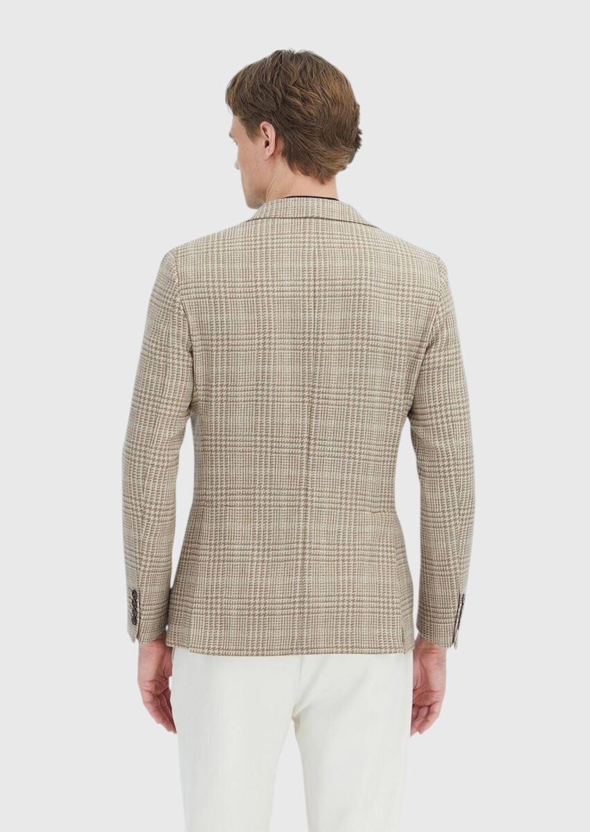 Beige Checkered Shirt Shoulder Slim Fit Wool Blended Jacket - 5