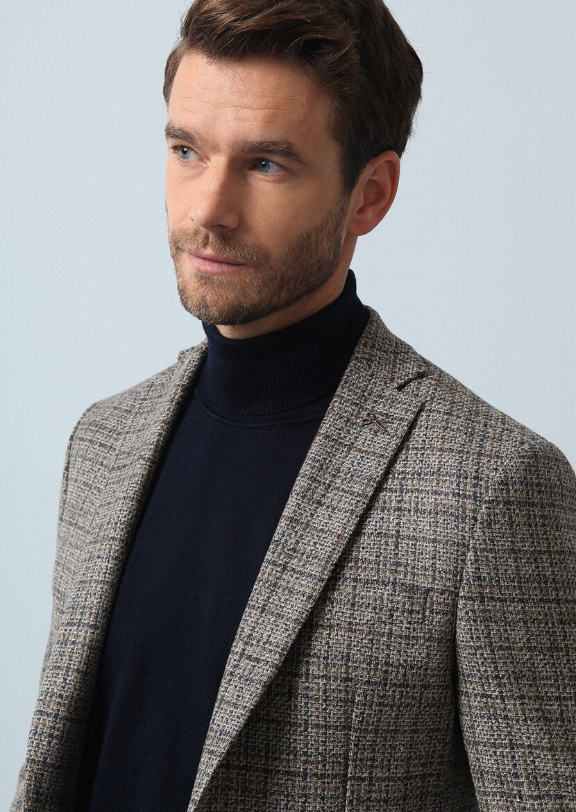 Beige Checkered Zeroweight Slim Fit Wool Blended Jacket - 1