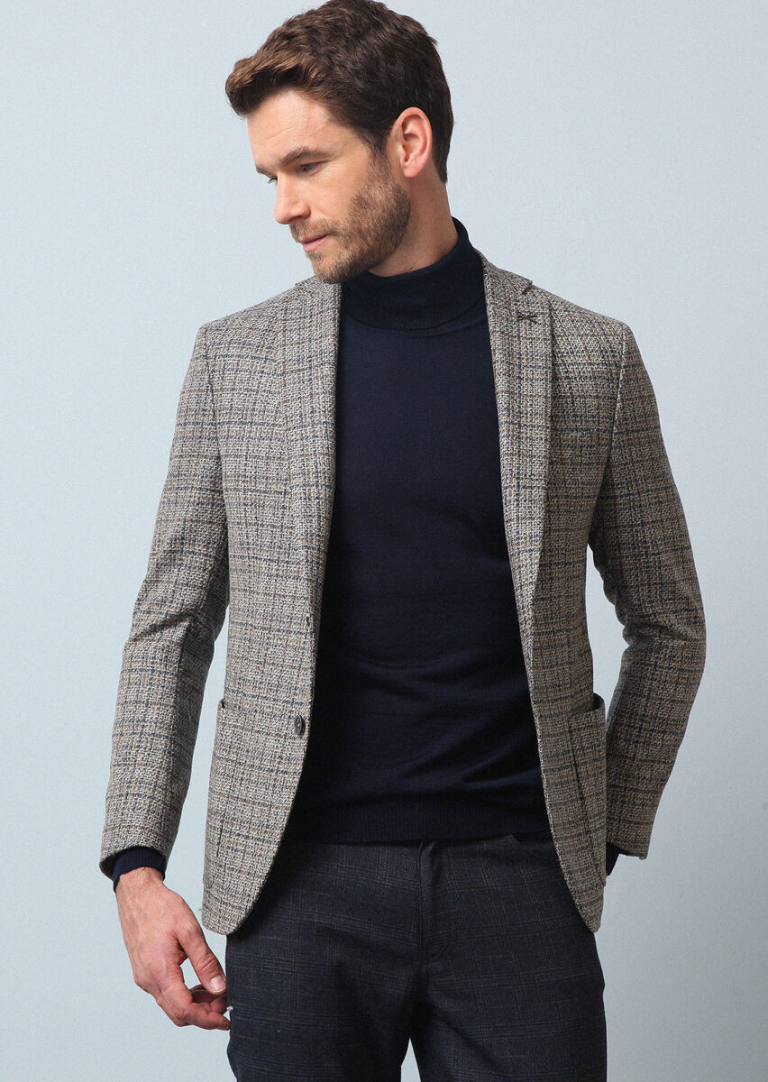Beige Checkered Zeroweight Slim Fit Wool Blended Jacket - 2