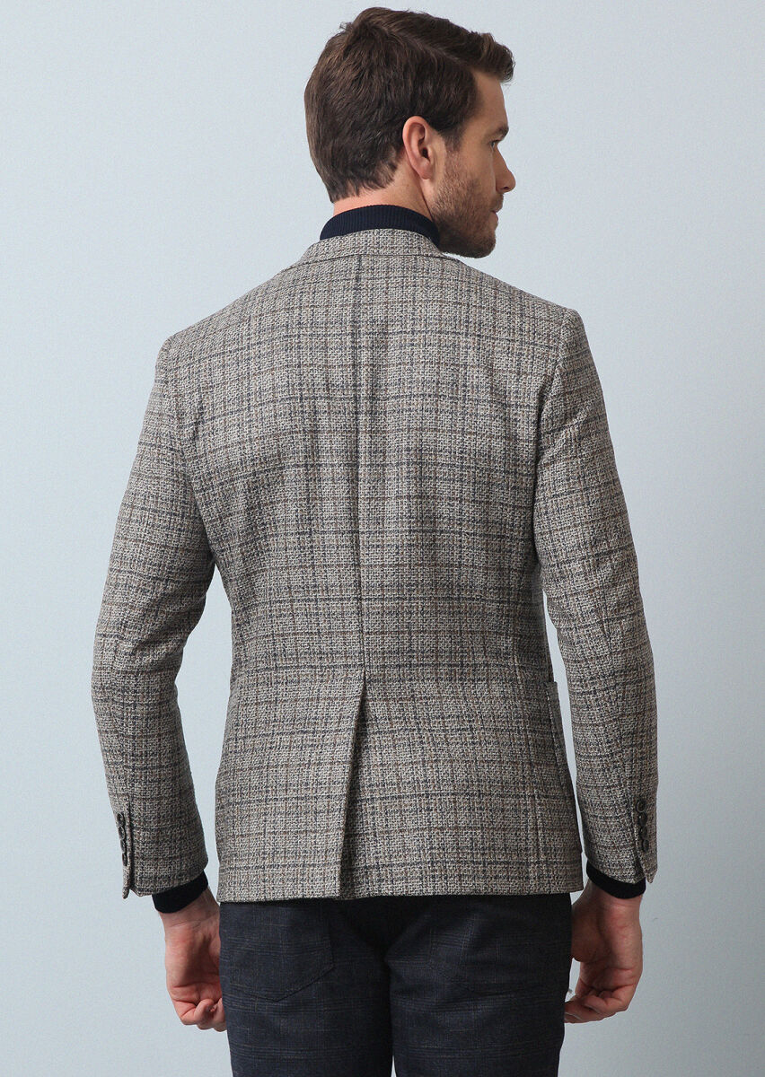 Beige Checkered Zeroweight Slim Fit Wool Blended Jacket - 3
