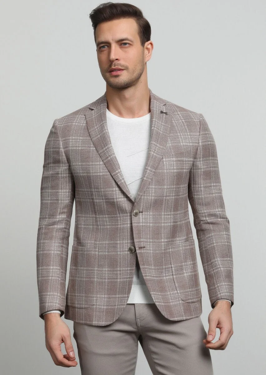 Beige Checkered Zeroweight Slim Fit Wool Blended Jacket - 3