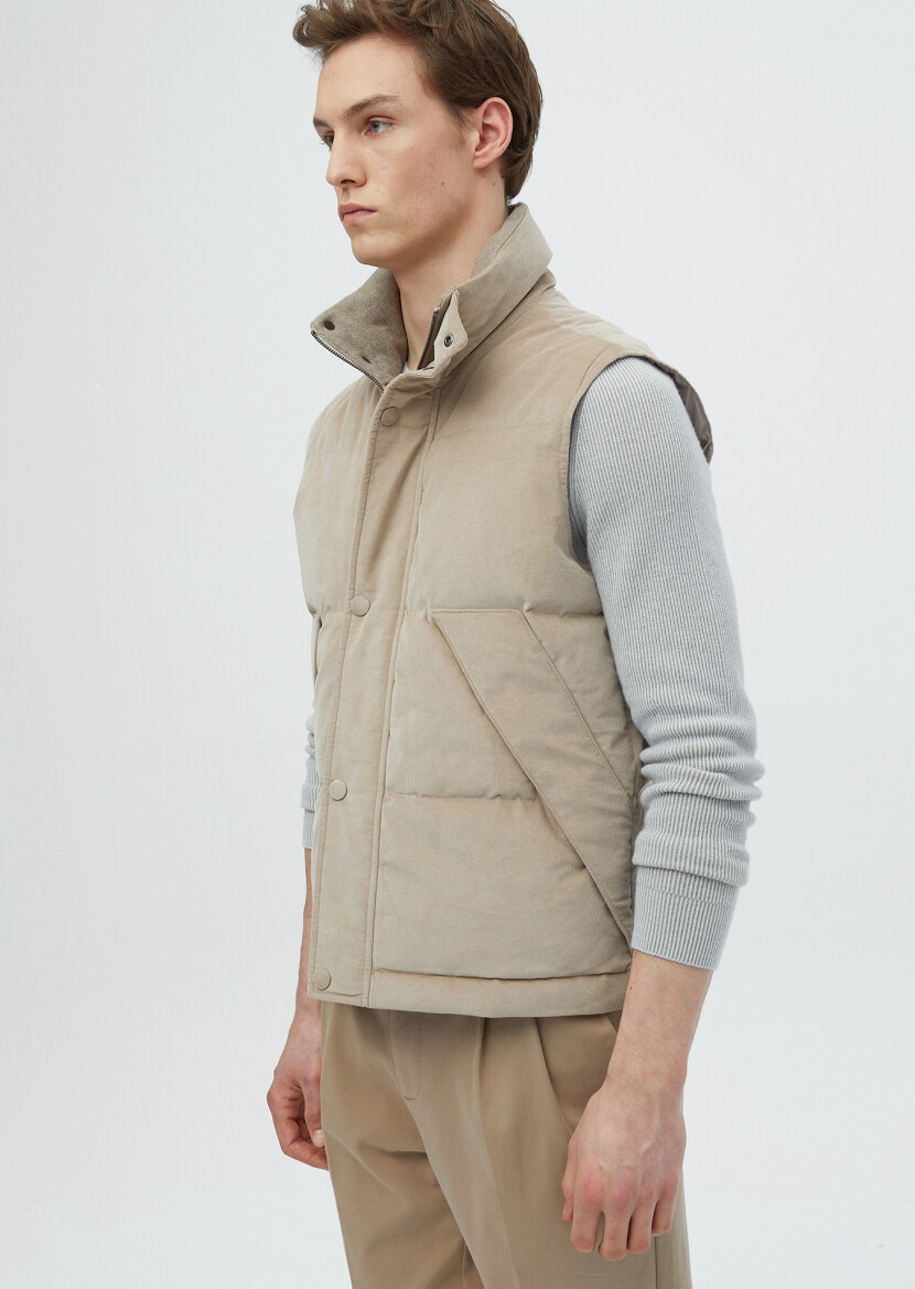 Beige Cotton Blended Weaving Puffer Vest - 3