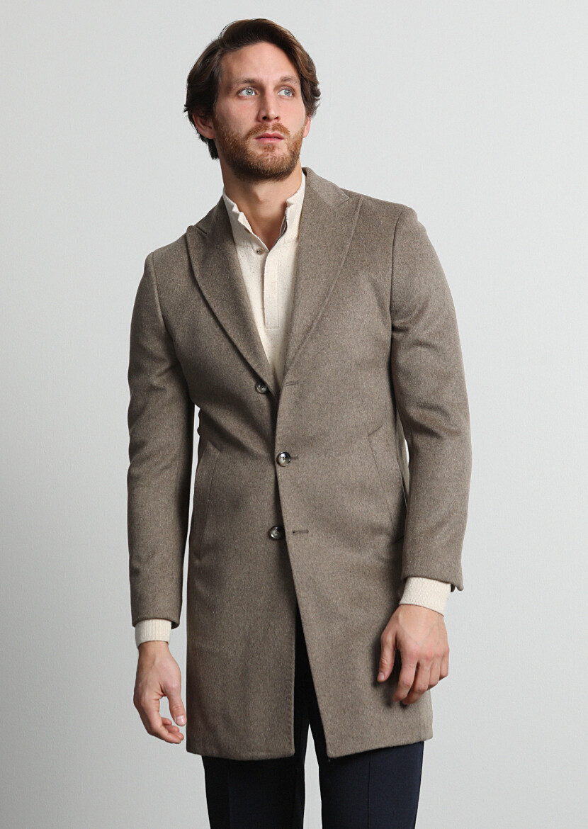 Beige Fitted Fit Double Breasted Collar Casual Weaving Overcoat - 1