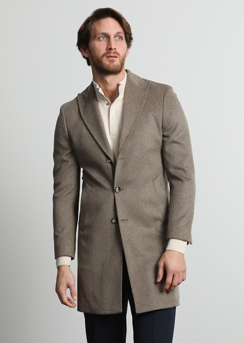 Beige Fitted Fit Double Breasted Collar Casual Weaving Overcoat - 1