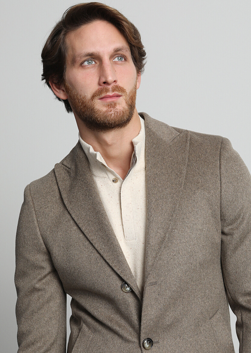 Beige Fitted Fit Double Breasted Collar Casual Weaving Overcoat - 2