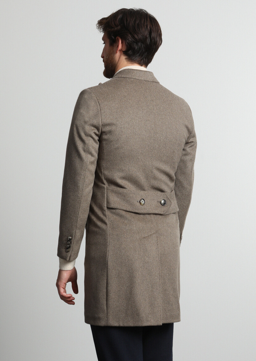 Beige Fitted Fit Double Breasted Collar Casual Weaving Overcoat - 4