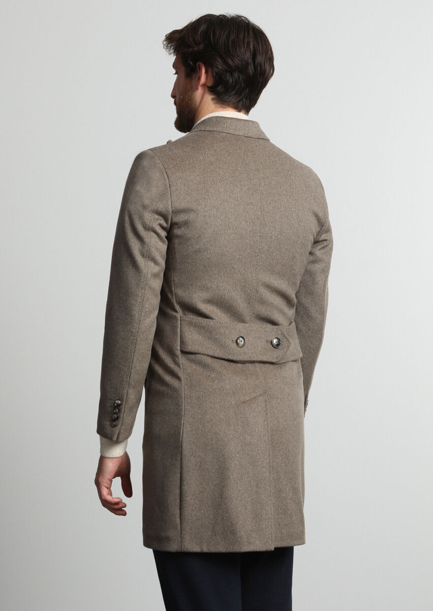 Beige Fitted Fit Double Breasted Collar Casual Weaving Overcoat - 4