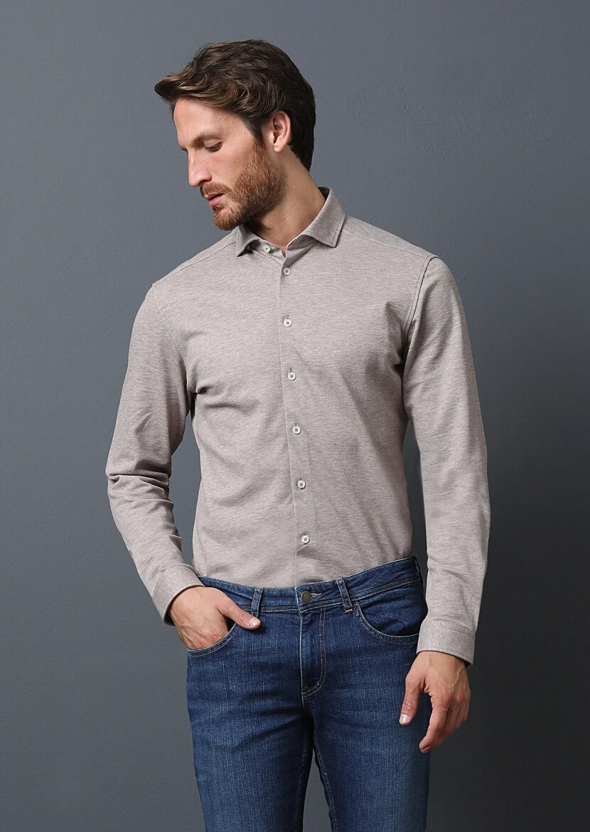 Beige Fitted Fit Knitting Casual 100% Cotton Shirt 