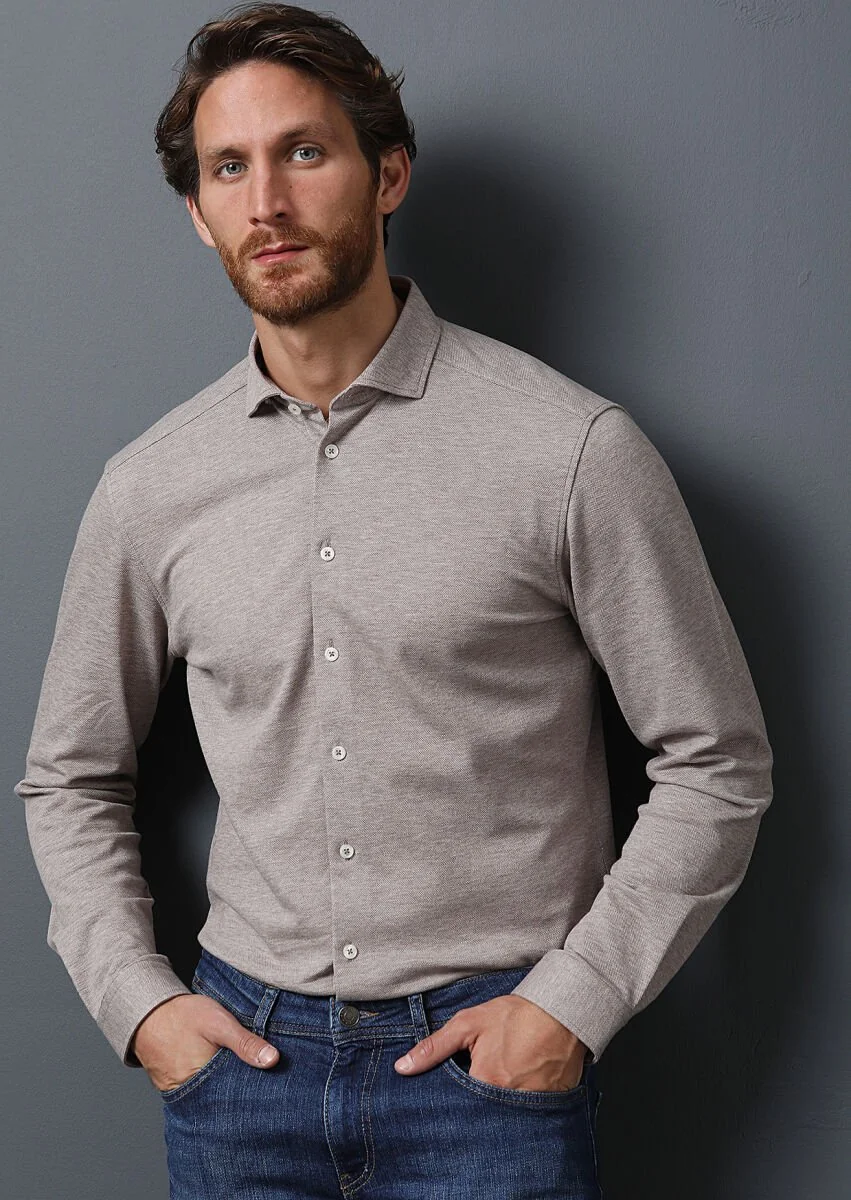 Beige Fitted Fit Knitting Casual 100% Cotton Shirt - 4