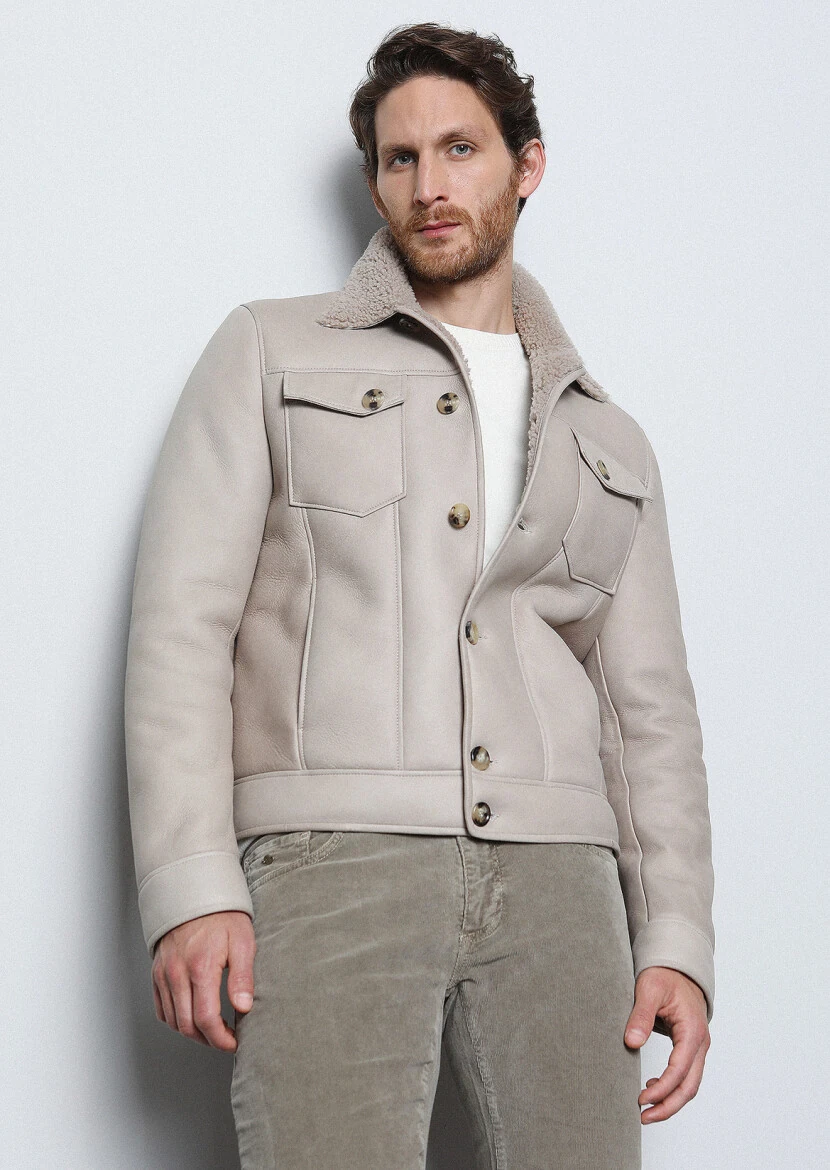 Beige Fur Leather Coat - 3