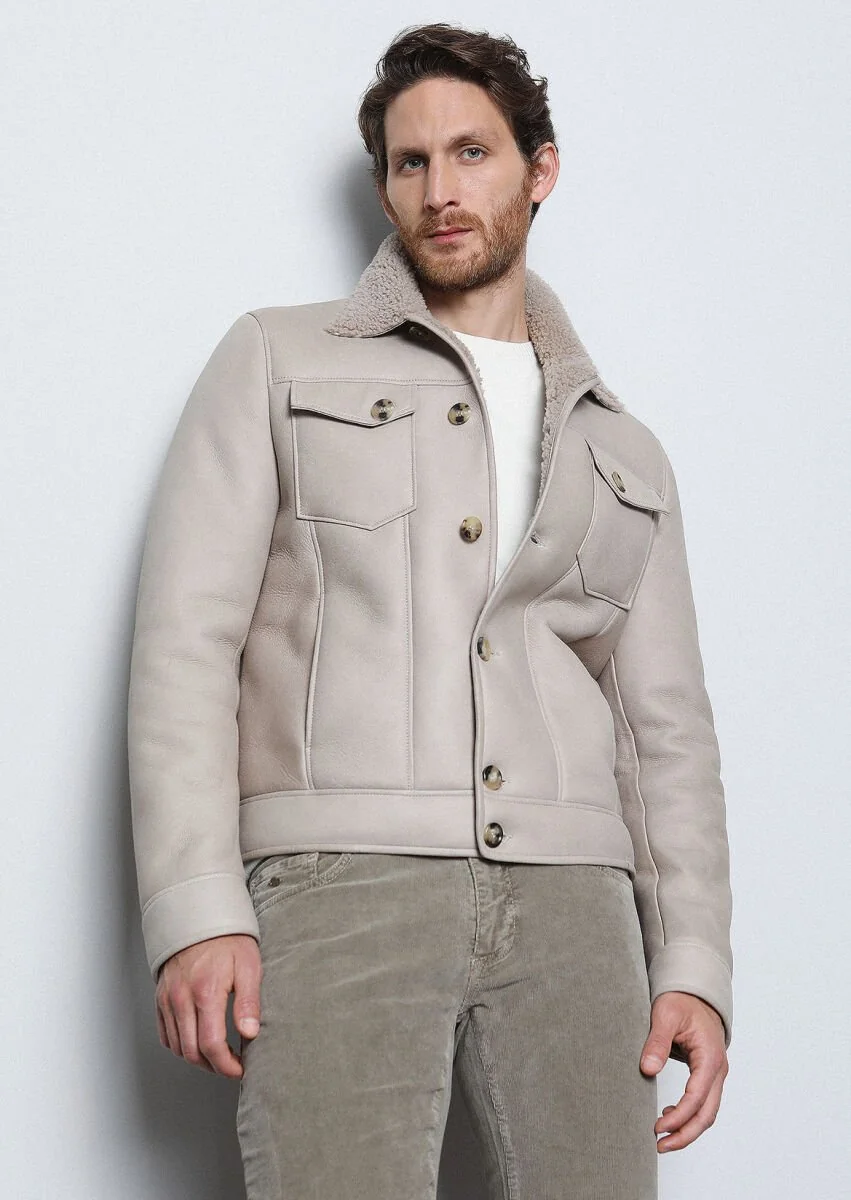 Beige Fur Leather Coat - 3