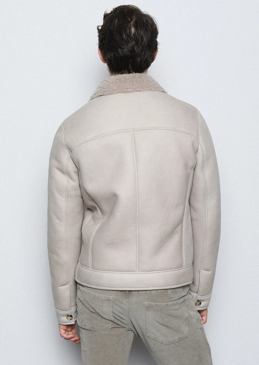 Beige Fur Leather Coat - 5