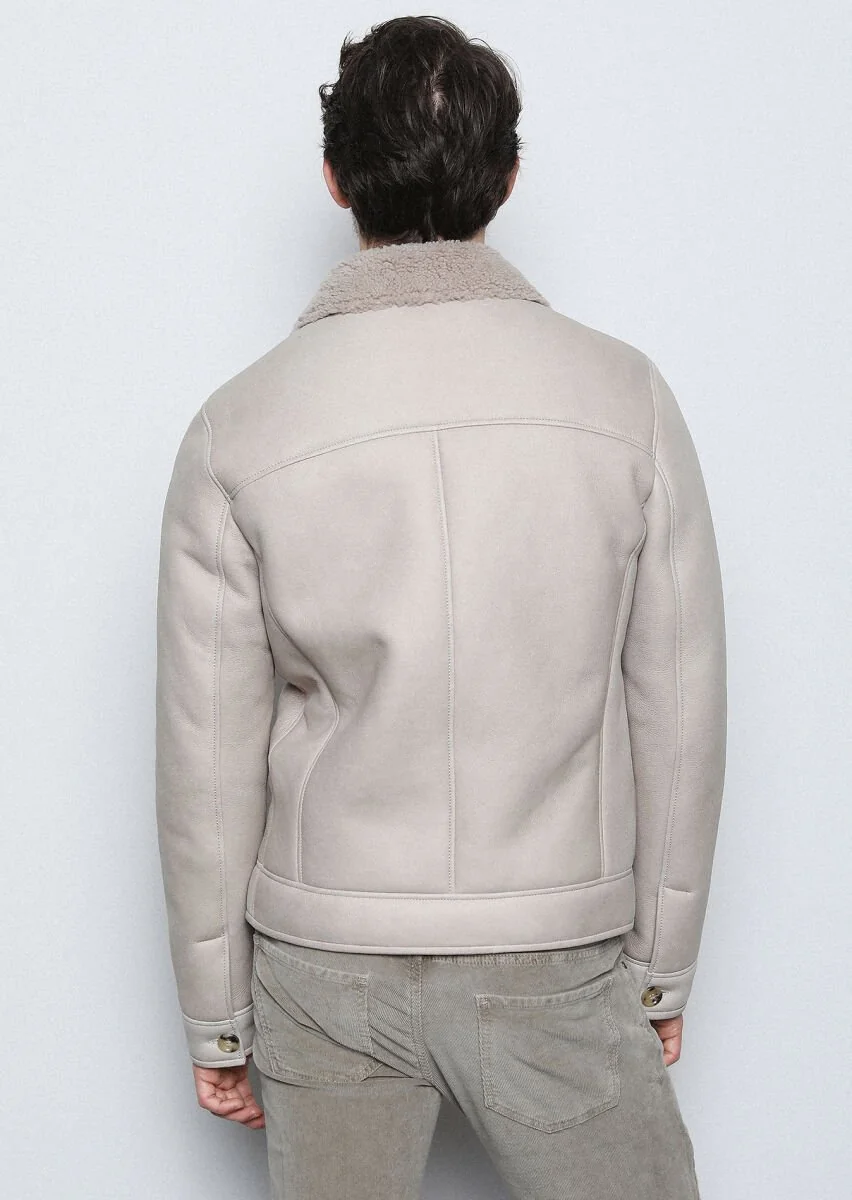 Beige Fur Leather Coat - 5