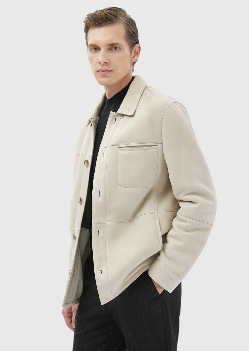 Beige Fur Leather Coat - 1