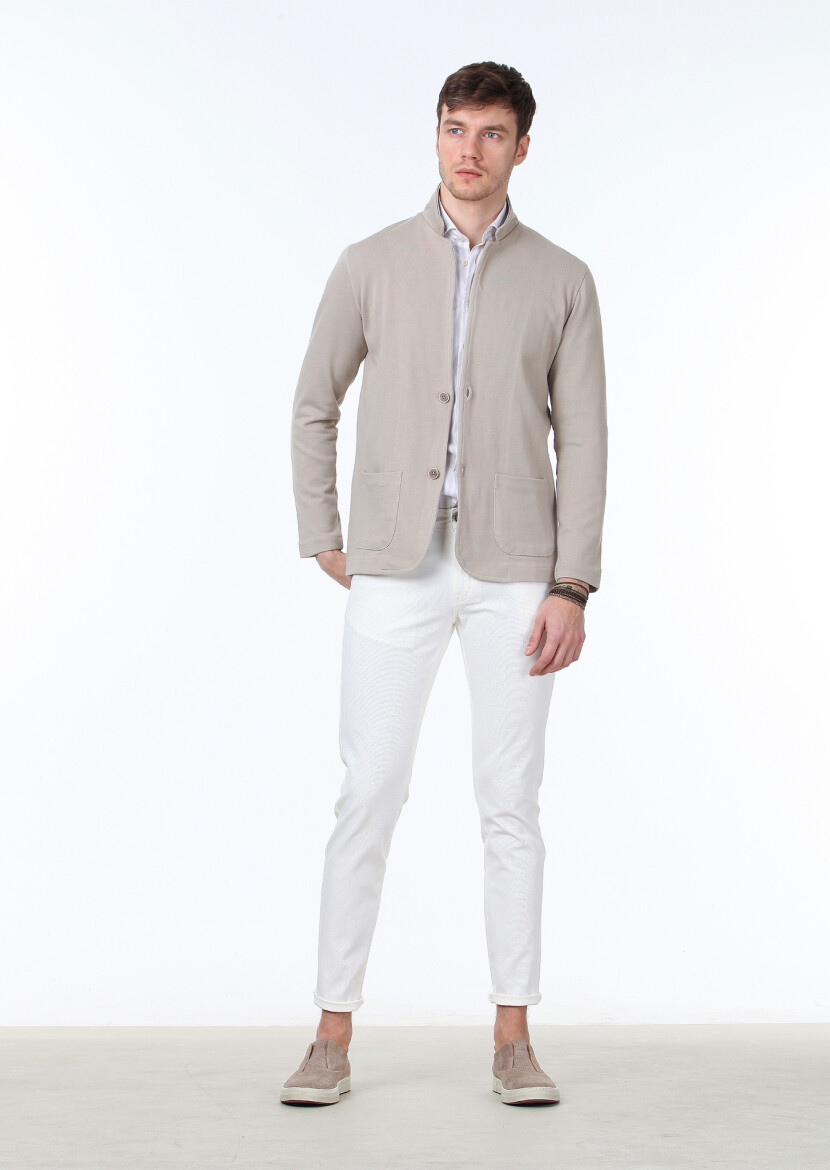 Beige Jacquard 100% Cotton Cardigan - 2