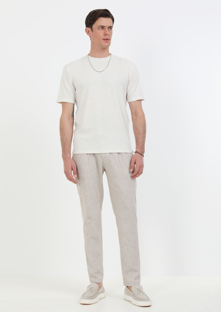 Beige Jacquard Crew Neck Linen Blended T-Shirt - 1