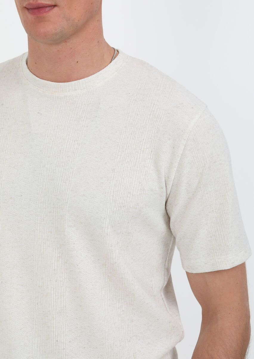Beige Jacquard Crew Neck Linen Blended T-Shirt - 2