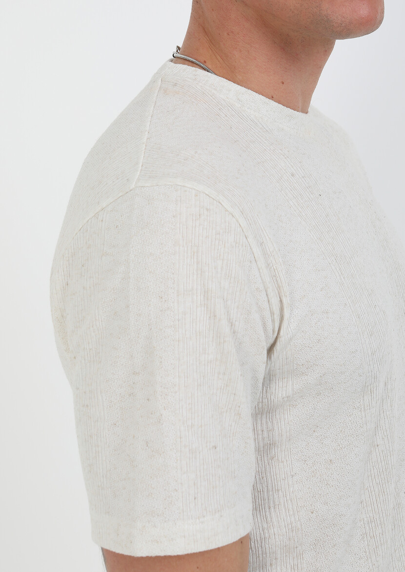 Beige Jacquard Crew Neck Linen Blended T-Shirt - 3