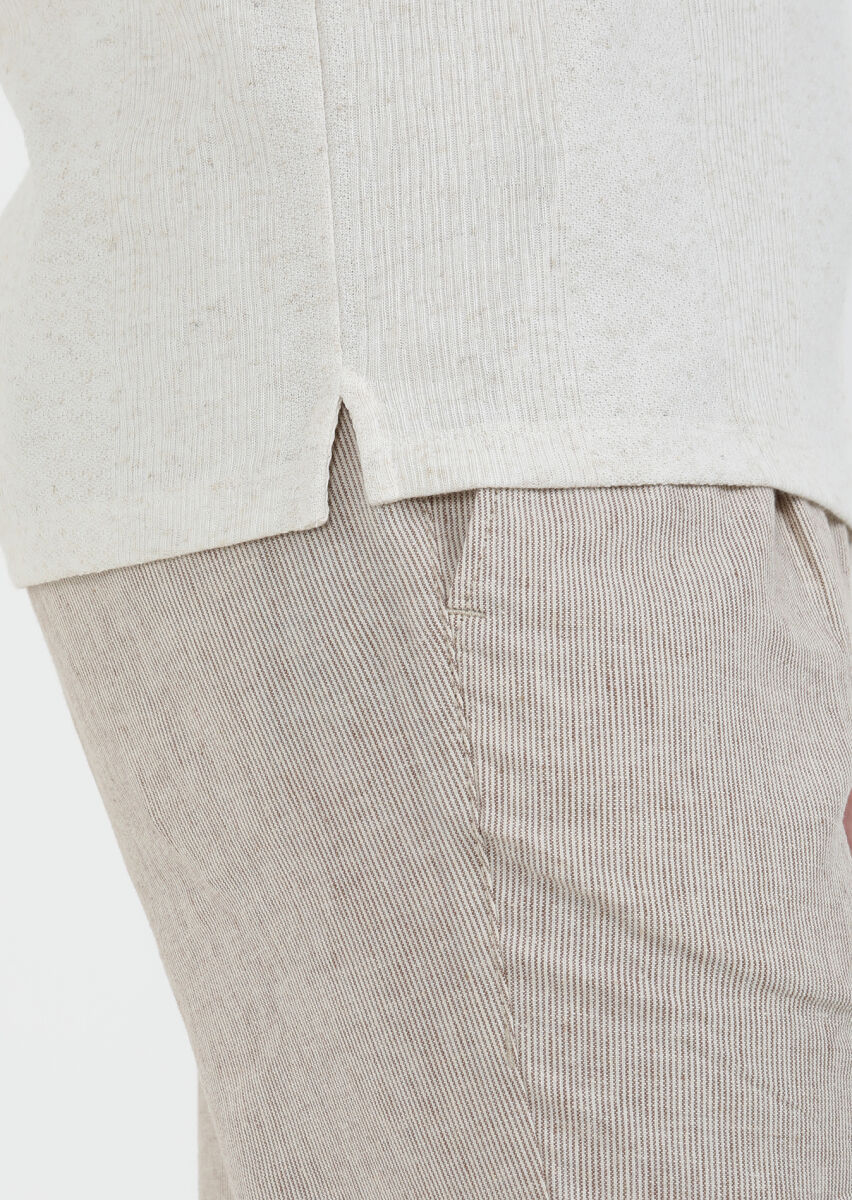 Beige Jacquard Crew Neck Linen Blended T-Shirt - 4