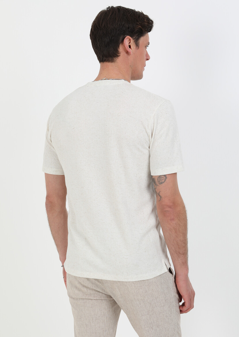 Beige Jacquard Crew Neck Linen Blended T-Shirt - 5