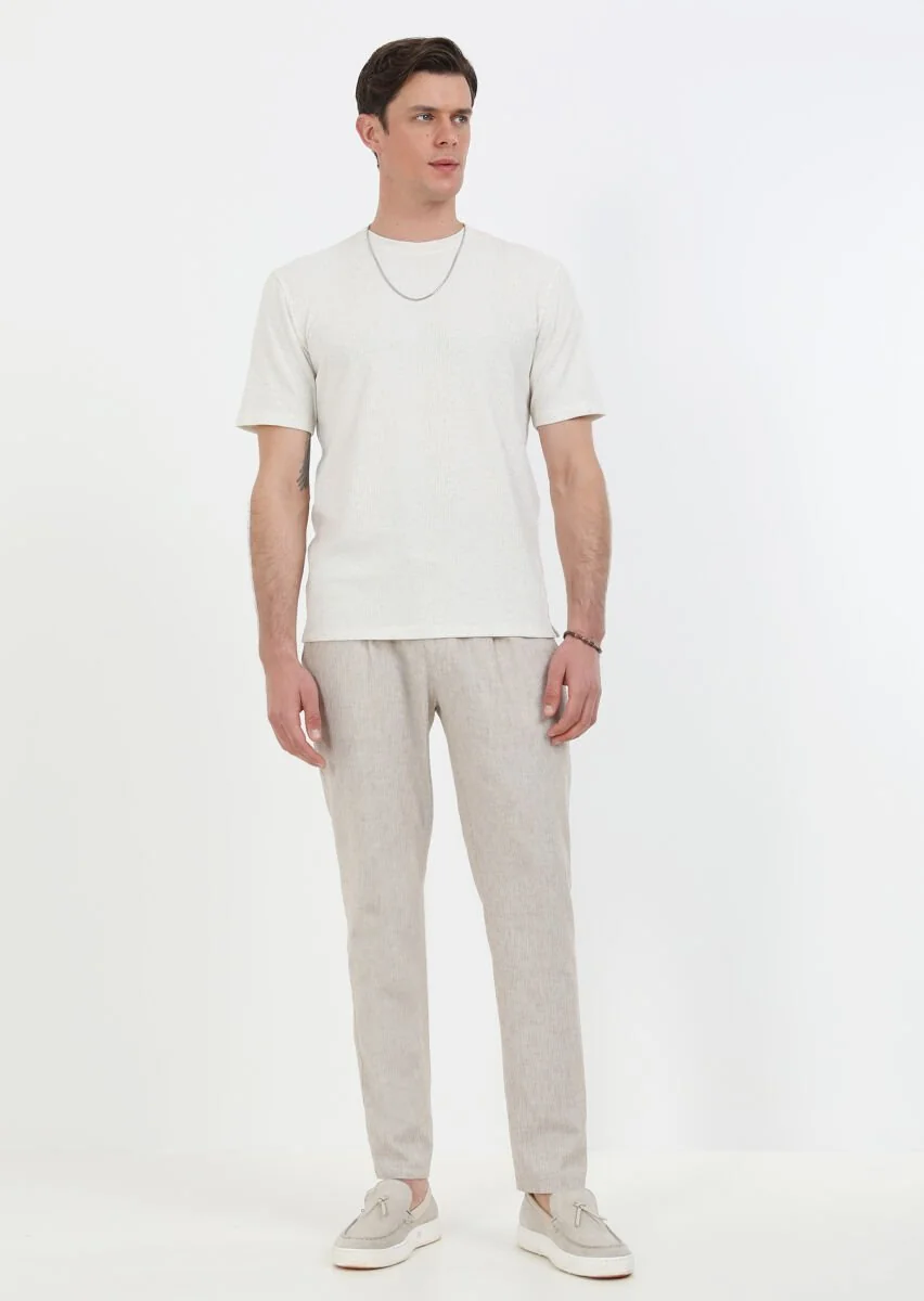 Beige Jacquard Crew Neck Linen Blended T-Shirt - 1