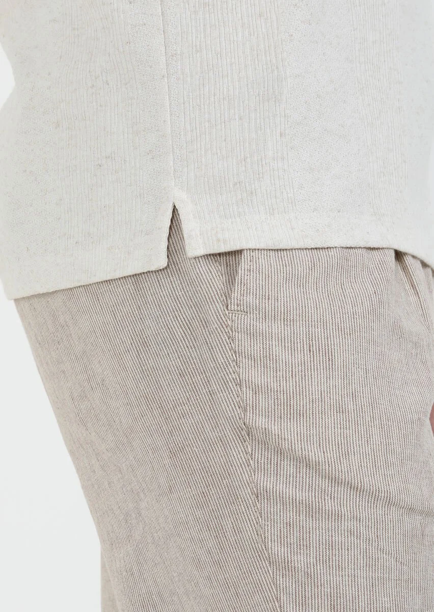 Beige Jacquard Crew Neck Linen Blended T-Shirt - 4