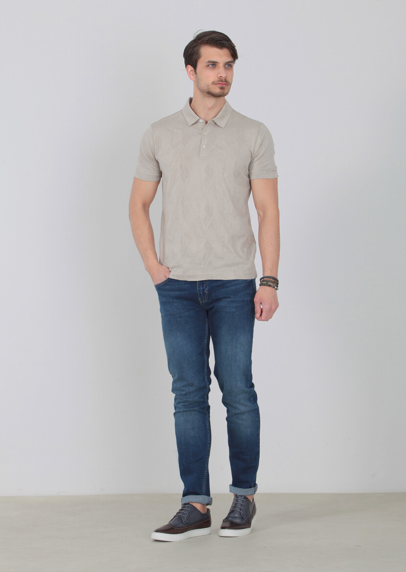 Beige Jacquard Polo Neck 100% Cotton T-Shirt - 1