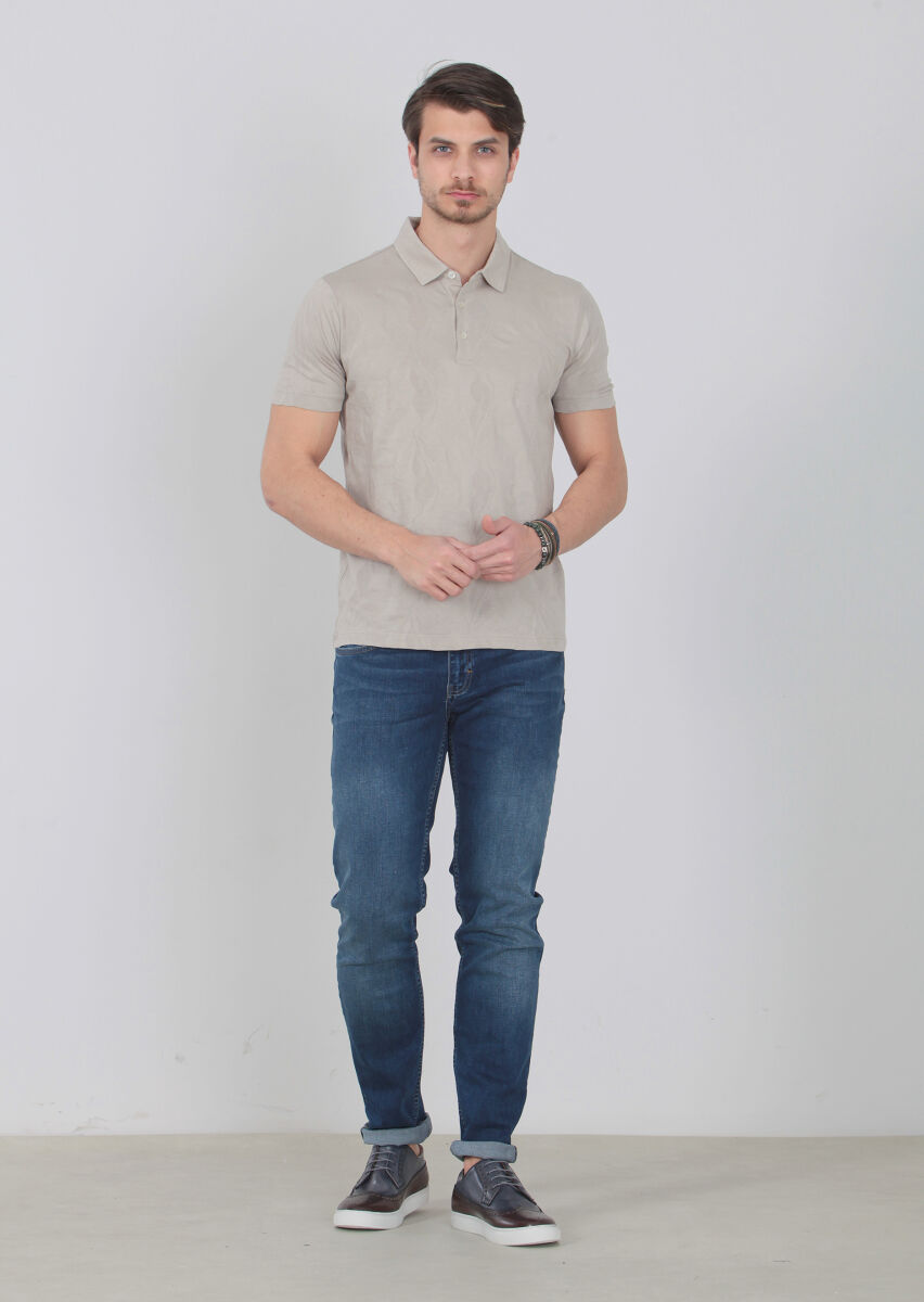 Beige Jacquard Polo Neck 100% Cotton T-Shirt - 2