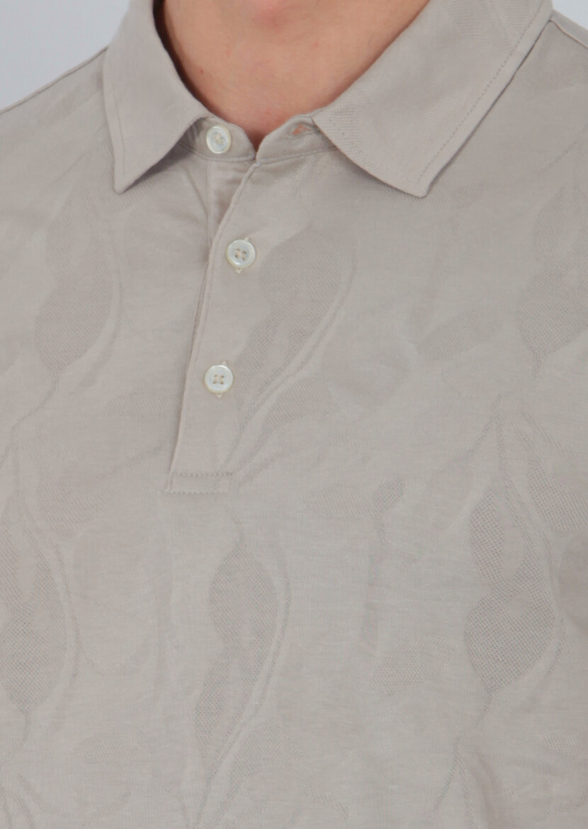 Beige Jacquard Polo Neck 100% Cotton T-Shirt - 3