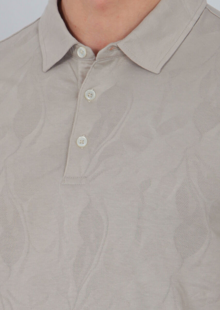 Beige Jacquard Polo Neck 100% Cotton T-Shirt - 3