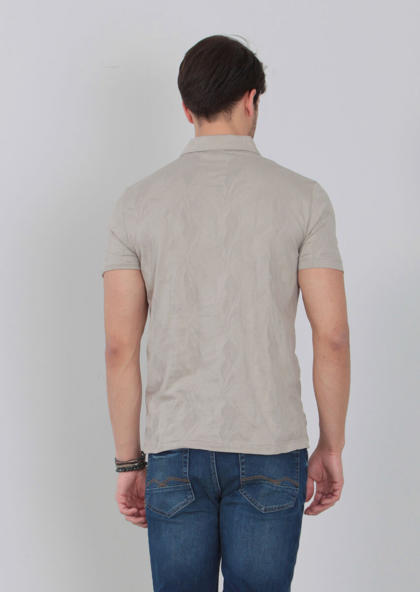 Beige Jacquard Polo Neck 100% Cotton T-Shirt - 4