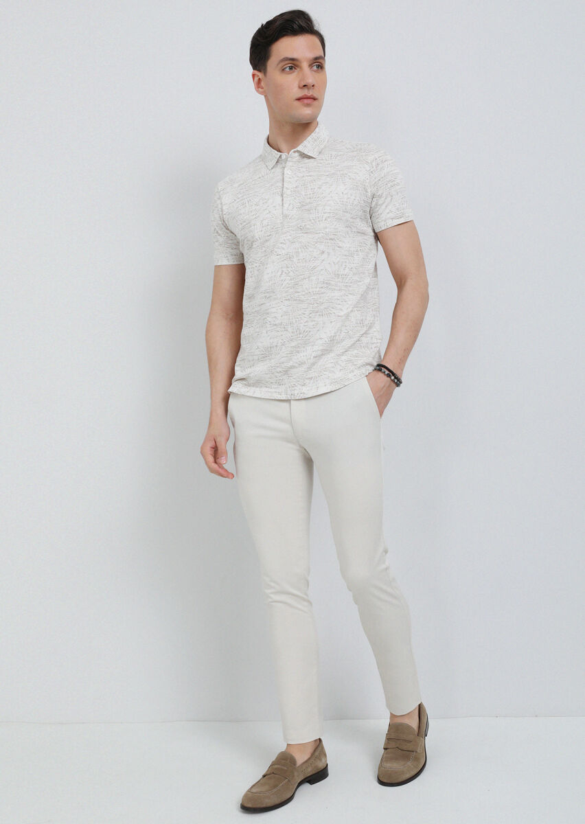 Beige Jacquard Polo Neck 100% Cotton T-Shirt - 3