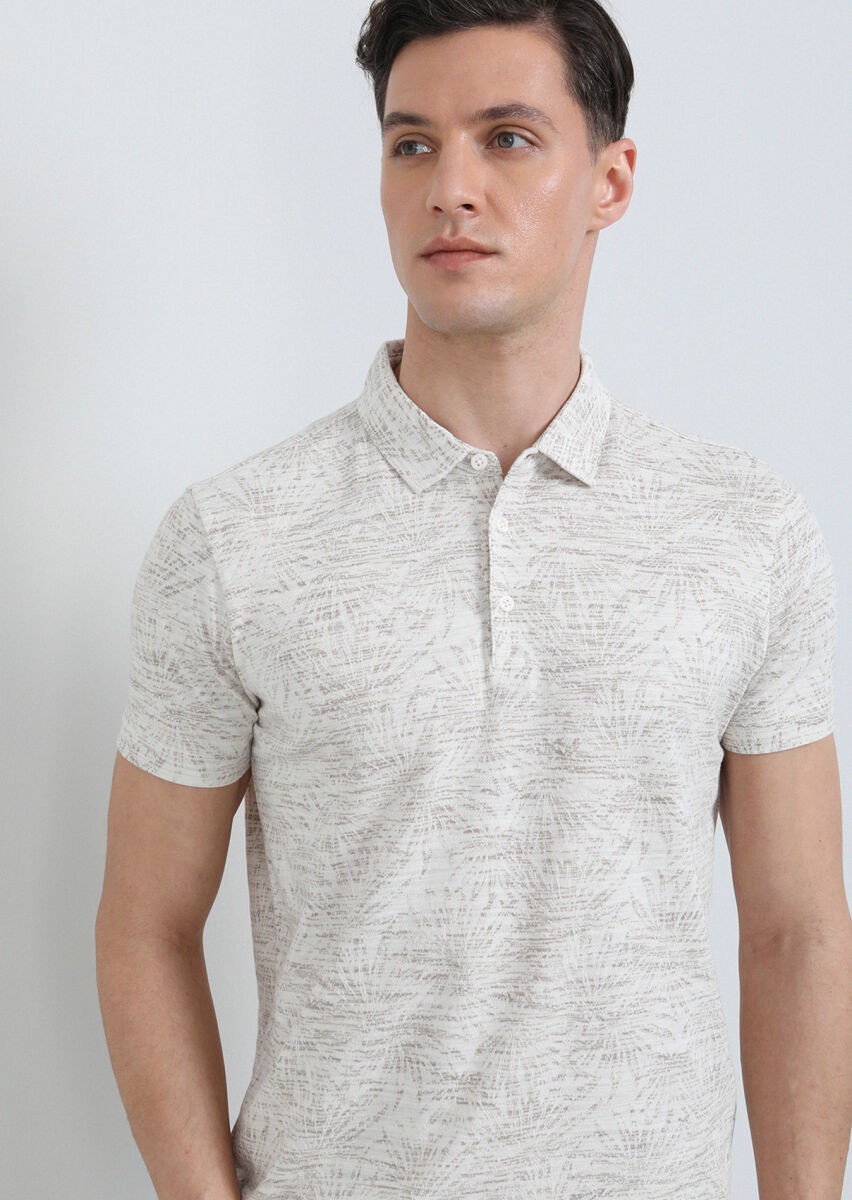 Beige Jacquard Polo Neck 100% Cotton T-Shirt - 4