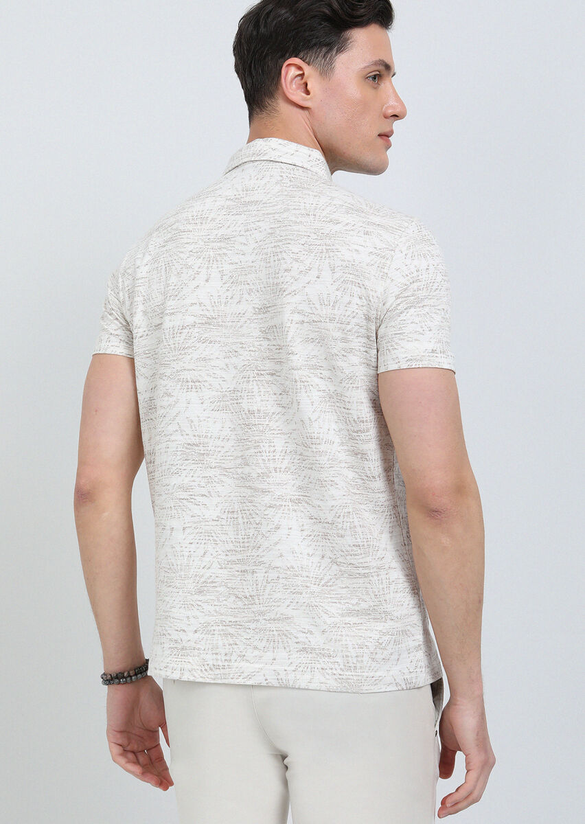 Beige Jacquard Polo Neck 100% Cotton T-Shirt - 5