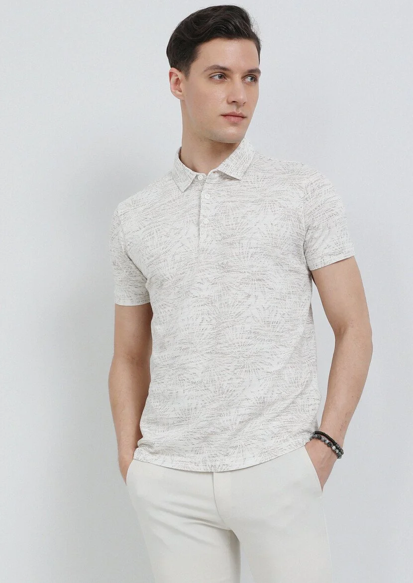 Beige Jacquard Polo Neck 100% Cotton T-Shirt - 1