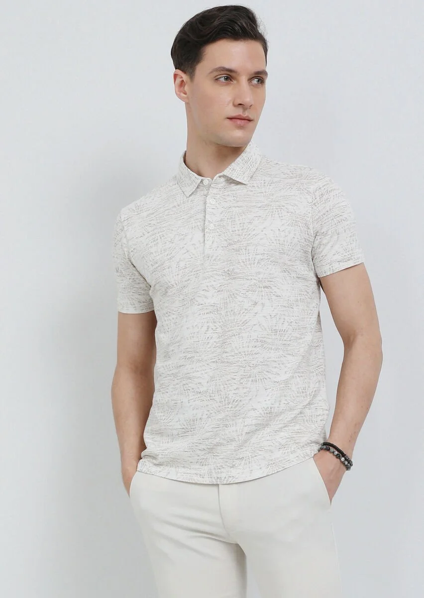 Beige Jacquard Polo Neck 100% Cotton T-Shirt - 1