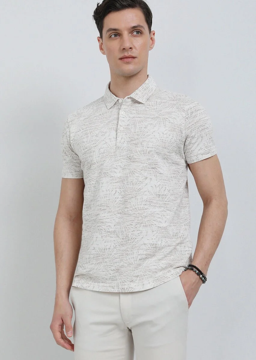 Beige Jacquard Polo Neck 100% Cotton T-Shirt - 2
