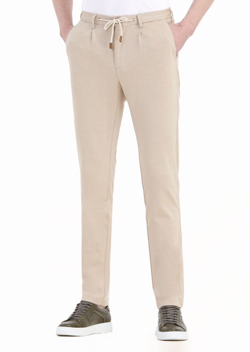 Beige Knitting Jogging Fit Casual Cotton Blended Trousers - 3