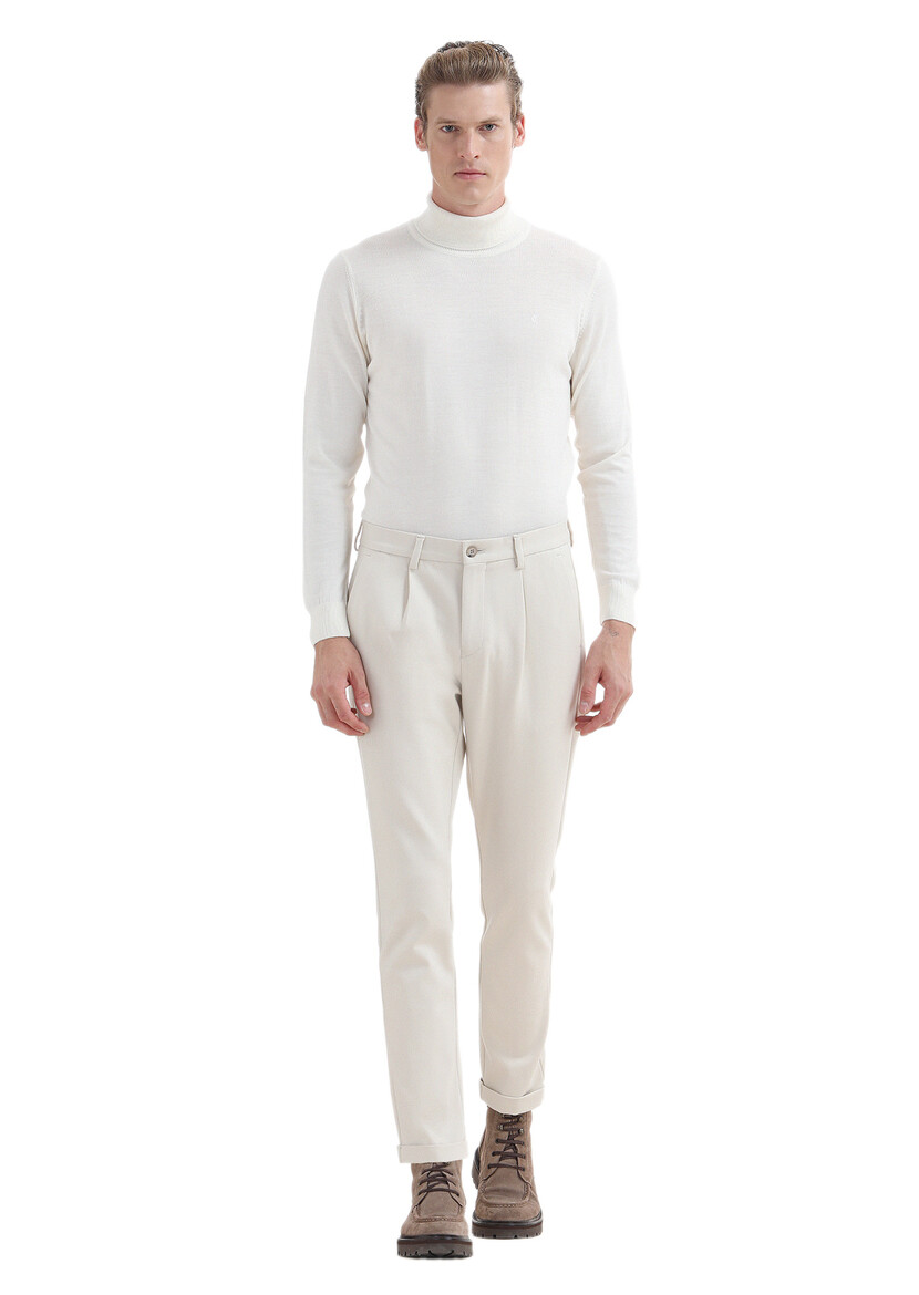 Beige Knitting Regular Fit Casual Trousers 