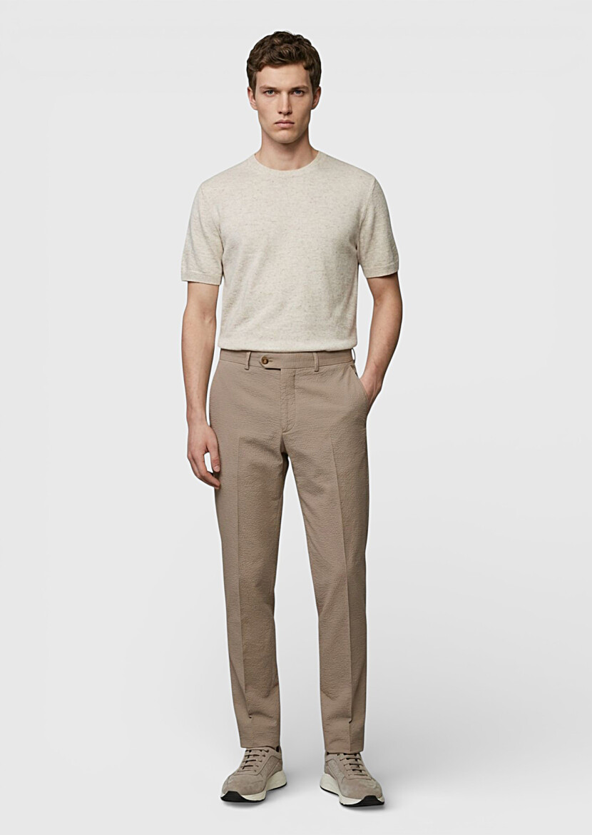 Beige Material Modern Fit Classical Cotton Blended Trousers - RAMSEY