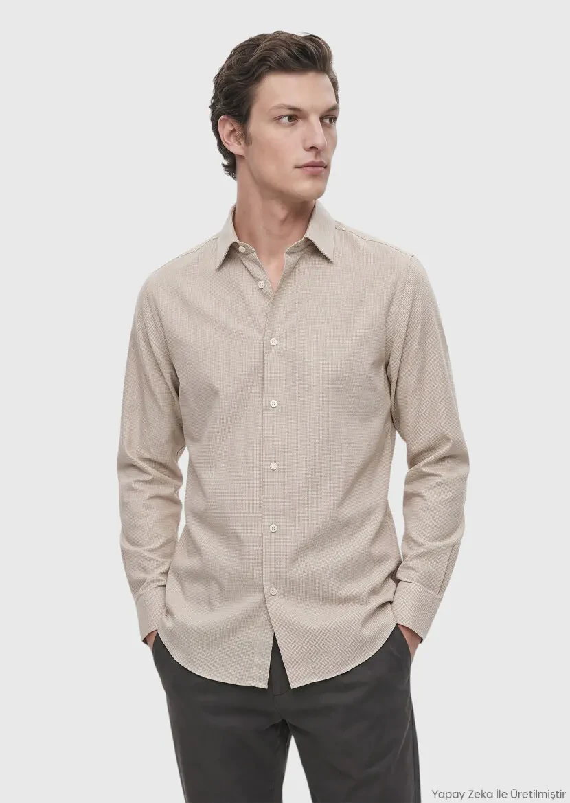 Beige Micro Casual Fit Long Weaving Casual 100% Cotton Shirt - RAMSEY