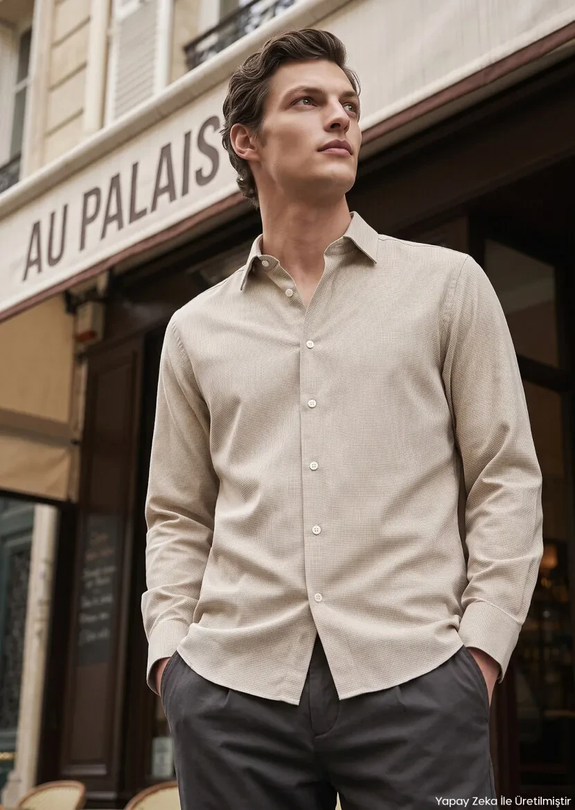 Beige Micro Casual Fit Long Weaving Casual 100% Cotton Shirt - RAMSEY