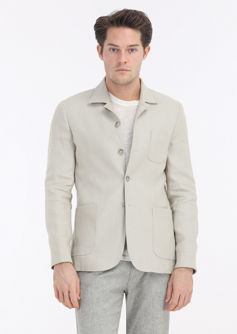 Beige Micro Shirt Shoulder Slim Fit 100% Linen Jacket - 3