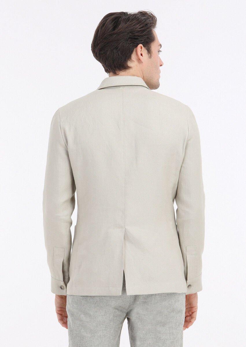 Beige Micro Shirt Shoulder Slim Fit 100% Linen Jacket - 5