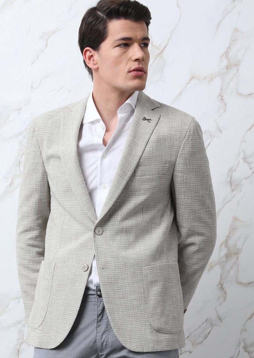Beige Micro Shirt Shoulder Slim Fit Cotton Blended Jacket - 4